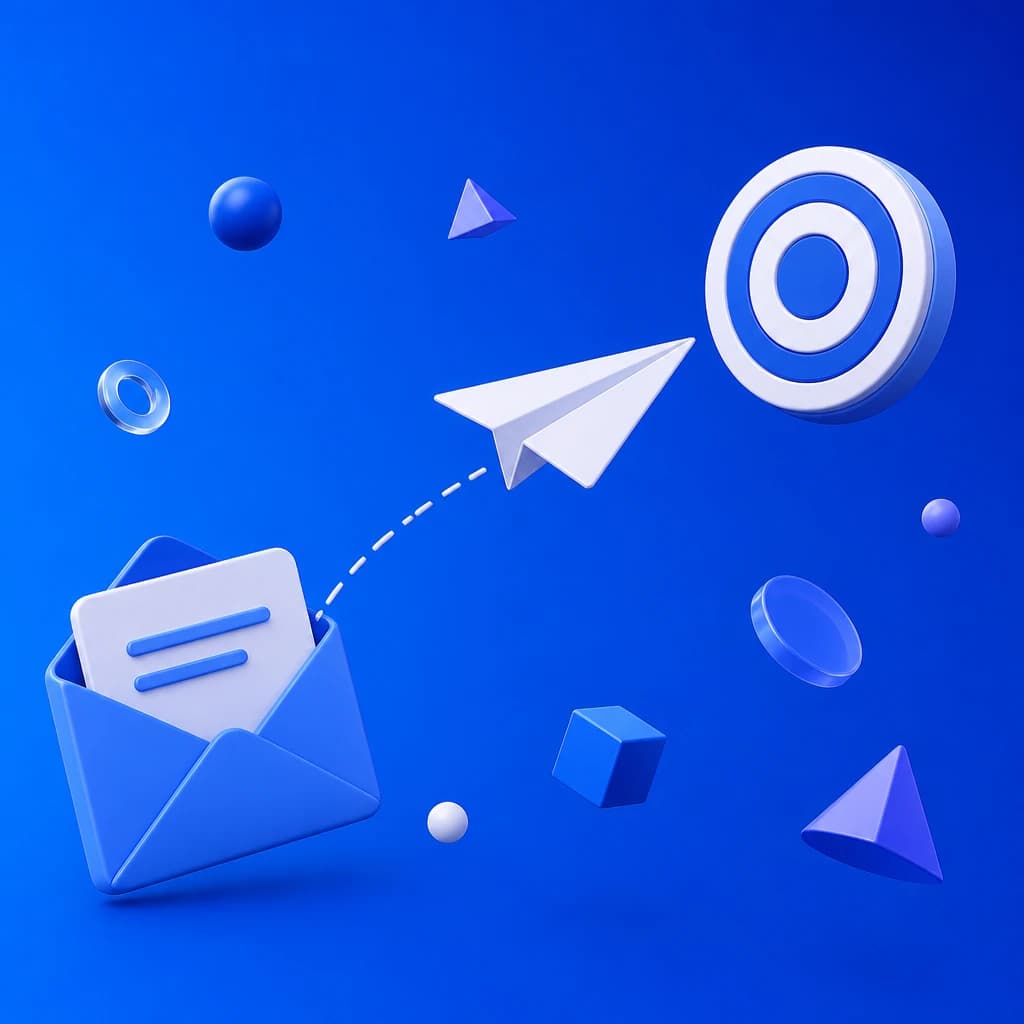 Illustration 3D d'un avion en papier partant d'une enveloppe vers une cible, symbolisant une campagne de cold email B2B ciblée