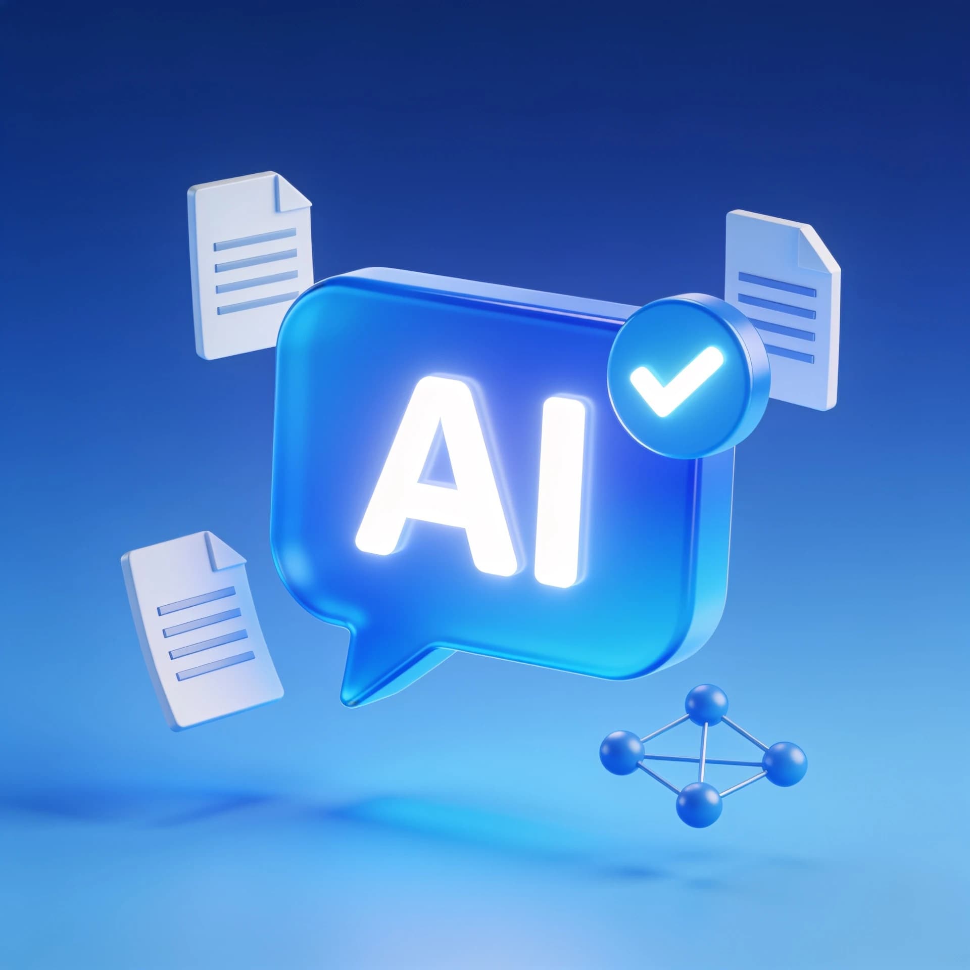 Illustration 3D d'une bulle de conversation IA validée par un check, entourée de documents, symbolisant le GEO et la citation par les IA génératives